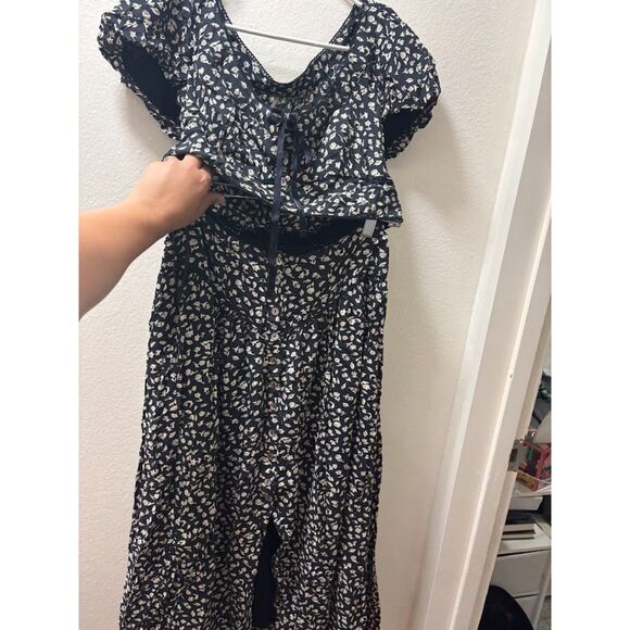 Free People Women's Medium Easy to Love Black Floral Midi Crop Top Set Outfit - Picture 4 of 8